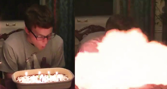 Powdered sugar birthday cake bursts into flames