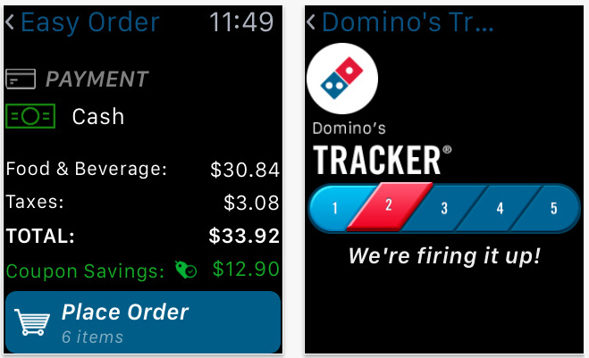 Domino's ordering app on Apple Watch 