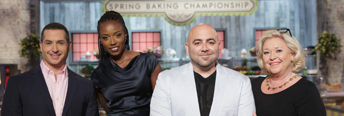Host Bobby Deen with judges Lorraine Pascale, Duff Goldman and Nancy Fuller on Food Network's Spring Baking Championship