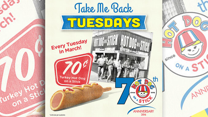 Hot Dog on a Stick Offering $.70 Original Turkey Hot Dog on a Stick Every Tuesday in March