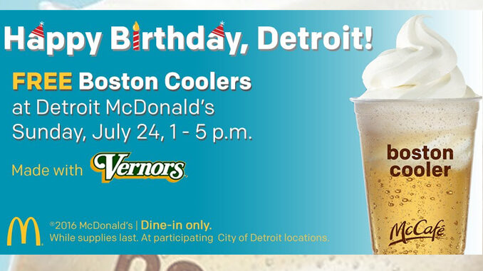 Free Boston Coolers at Detroit McDonald’s on July 24, 2016