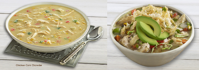 Chicken Corn Chowder and Deluxe Chicken Tortilla Soup