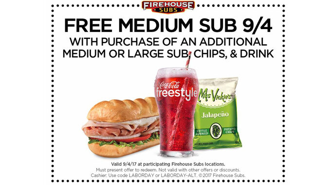 Free Medium Sub Offer At Firehouse Subs On September 4, 2017