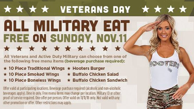 Free Entree For All Active-Duty Military And Veterans At Hooters On November 11, 2018