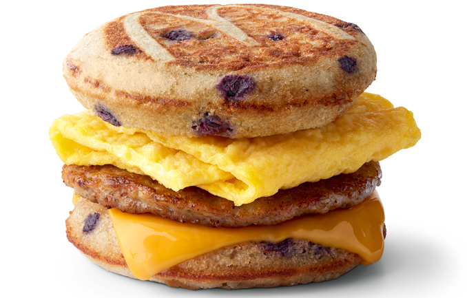 Sausage, egg and cheese Blueberry McGriddles breakfast sandwich