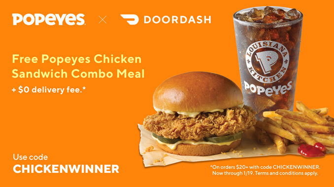 Free Popeyes Chicken Sandwich Combo Via DoorDash Through January 19, 2020