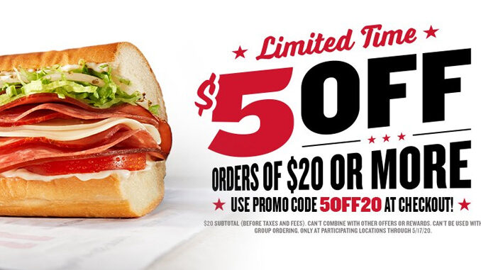 Jimmy John’s Offers $5 Off Orders Of $20 Or More Through May 17, 2020
