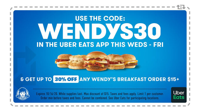 Wendy’s Offers 30% Off Any Breakfast Order Through Uber Eats From October 14-16, 2020
