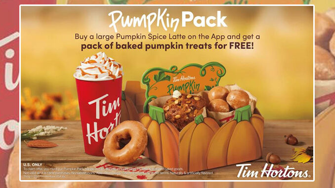 Tim Hortons Offers Free Pumpkin Pack With Purchase Of A Large Pumpkin Spice Latte Through September 28, 2021