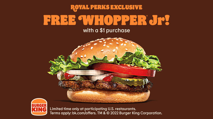 Royal Perks Members Get A Free Whopper Jr. At Burger King With Any $1 Purchase On June 1, 2022