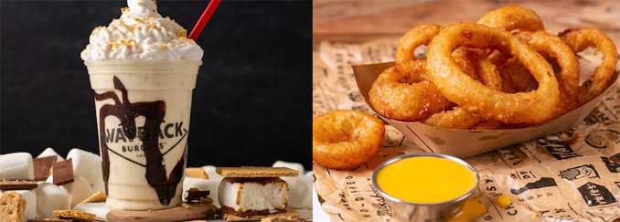 S'mores Shake, and Onion Rings with Cheese Sauce