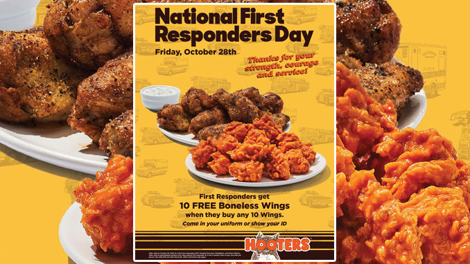 Hooters Celebrates First Responders With Buy Any 10 Wings, Get 10 Free Boneless Wings Deal On October 28, 2022