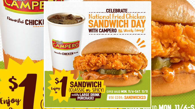 Pollo Campero Offers $1 Chicken Sandwich With Large Drink Purchase Through November 11, 2023